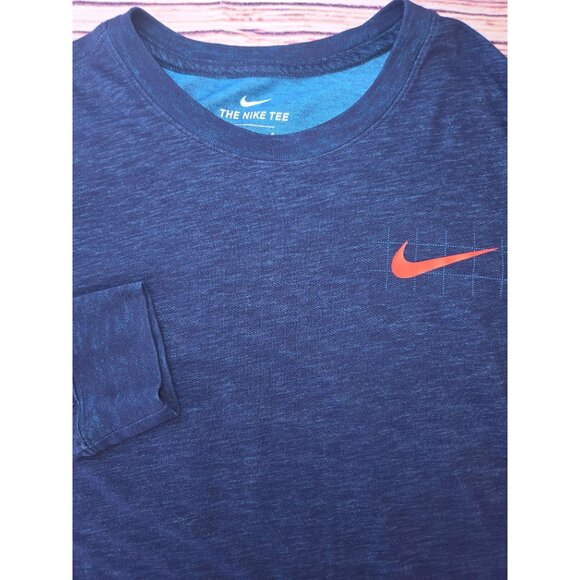 Nike Mens Dri-Fit Long-Sleeve Tee Shirt Large Blue - Red Swoosh Logo & Pocket - Picture 4 of 8